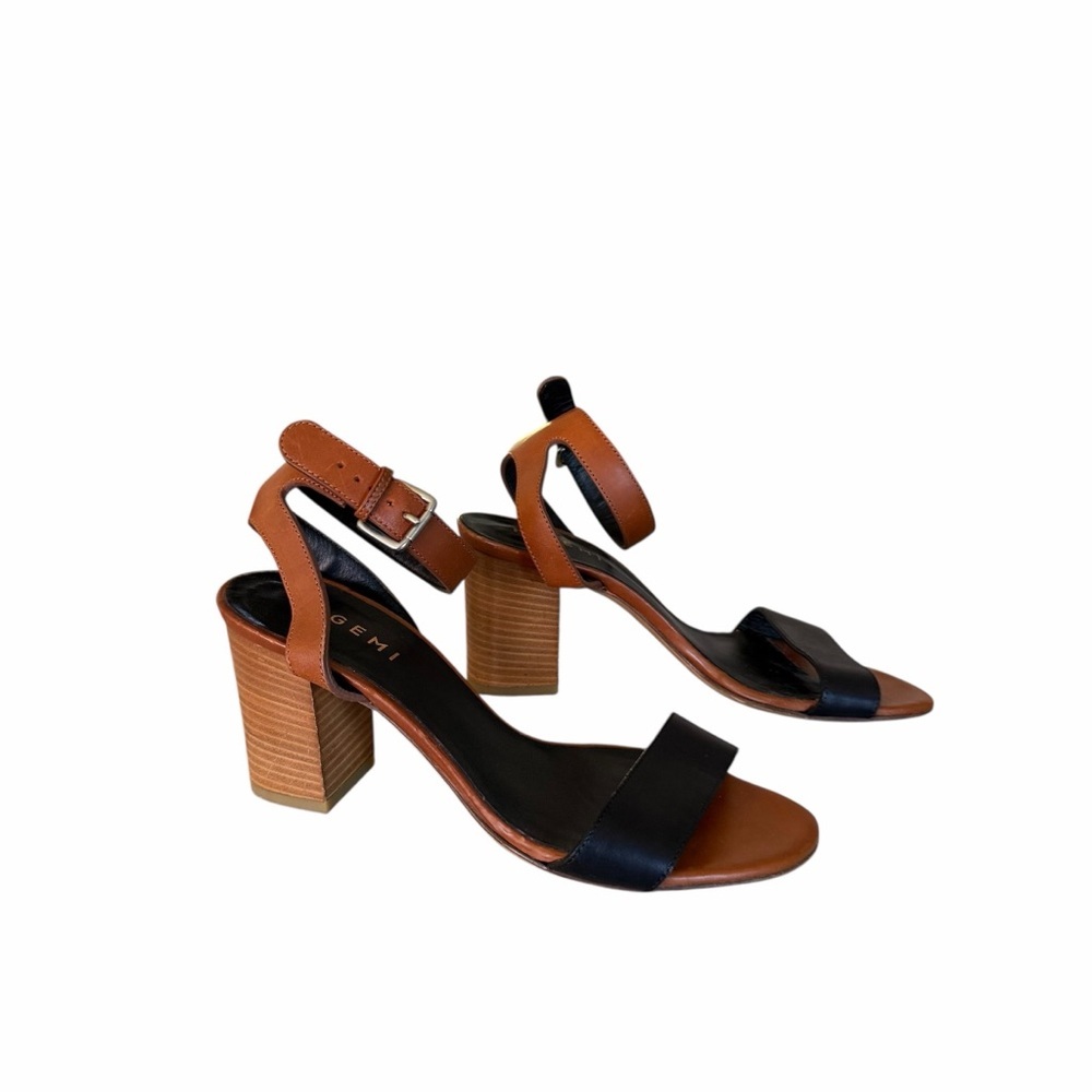 M. Gemi Attorno 3” Block Heel Sandals Cognac Black Leather Open Toe Size 39.5